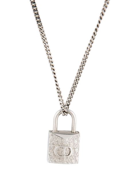 CHRISTIAN DIOR Oblique Padlock Pendant Necklace Silver 